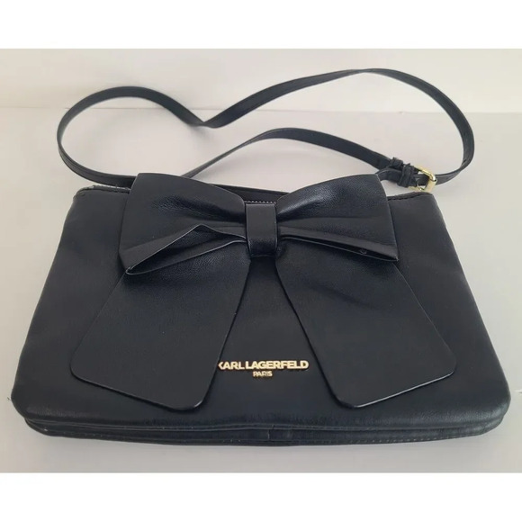 Karl Lagerfeld Black Leather Crossbody Purse With Bow - Picture 2 of 11